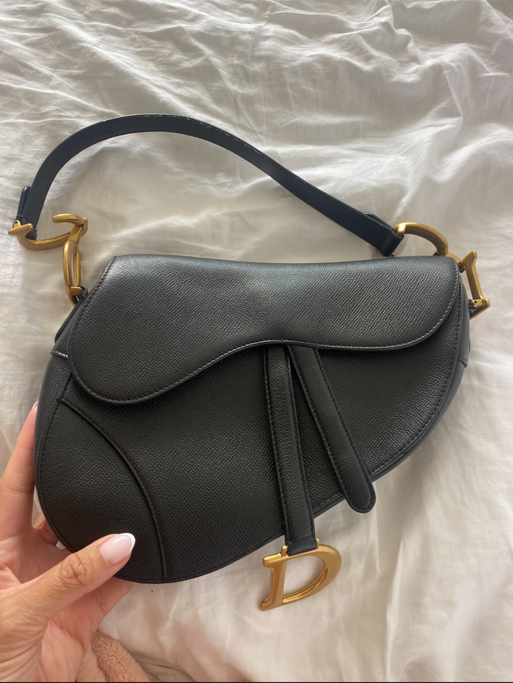 Authentic Christian Dior Black Saddle Shoulder Bag with Gold Hardware